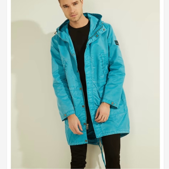 Guess Men’s Fluid Nylon Parka Coat Jacket Size XXL Blue Shore Zip Snap Hoodie - Picture 1 of 16